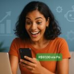 Mulher brasileira feliz ao receber notificação de venda automatizada com IA em 2025 no celular, representando liberdade financeira digital.