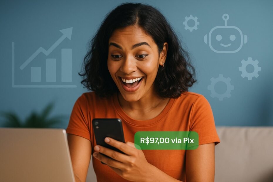 Mulher brasileira feliz ao receber notificação de venda automatizada com IA em 2025 no celular, representando liberdade financeira digital.