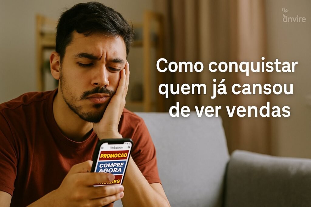 Conquistando seguidor cansado de vendas com imagem de homem entediado rolando o Instagram cheio de promoções