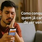 Conquistando seguidor cansado de vendas com imagem de homem entediado rolando o Instagram cheio de promoções.