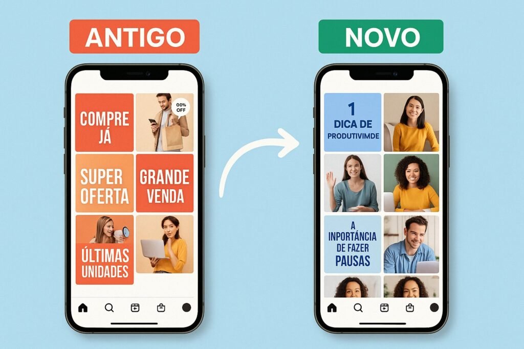 Conquistando seguidor cansado de vendas com comparação visual entre feed promocional e feed acolhedor.