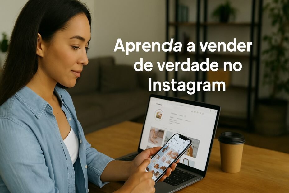 Técnicas de venda no Instagram aplicadas por empreendedora em casa usando celular e notebook com perfil aberto na rede social.