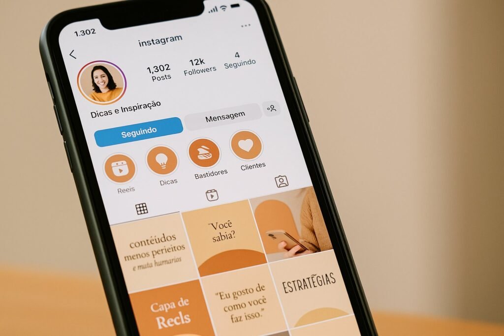 Perfil do Instagram com destaques organizados e feed em tons harmônicos mostrando dicas e bastidores.