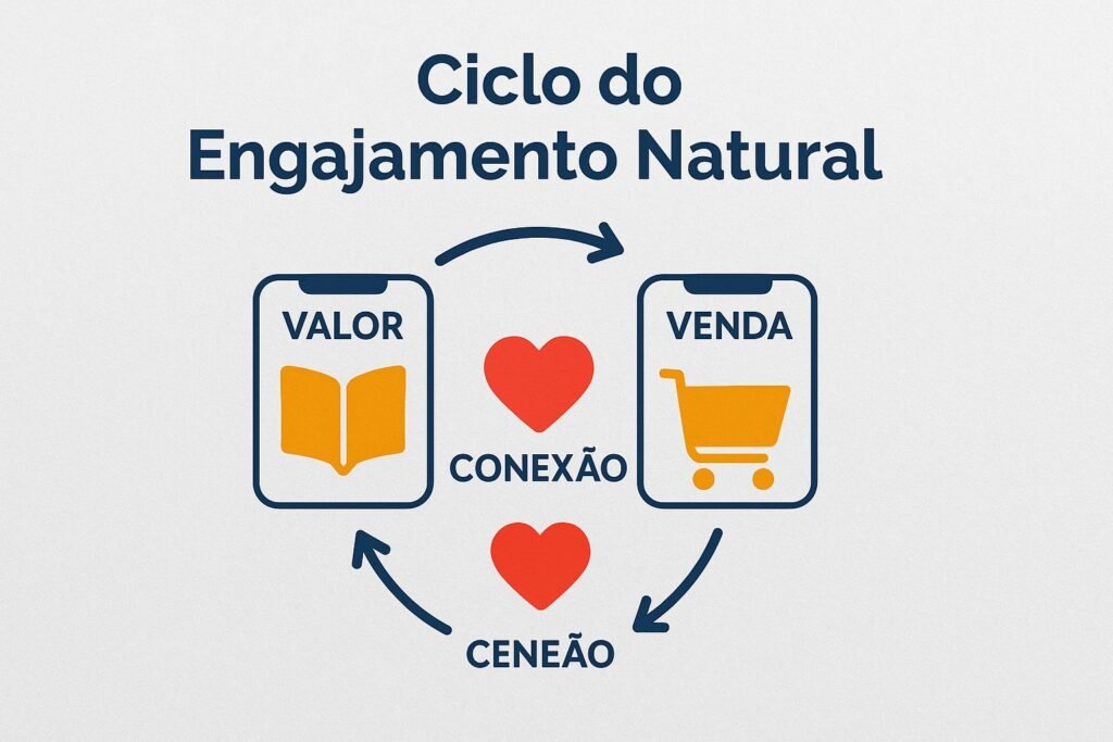 Infográfico visual representando o ciclo do engajamento com ícones de valor, conexão e venda conectados por setas.