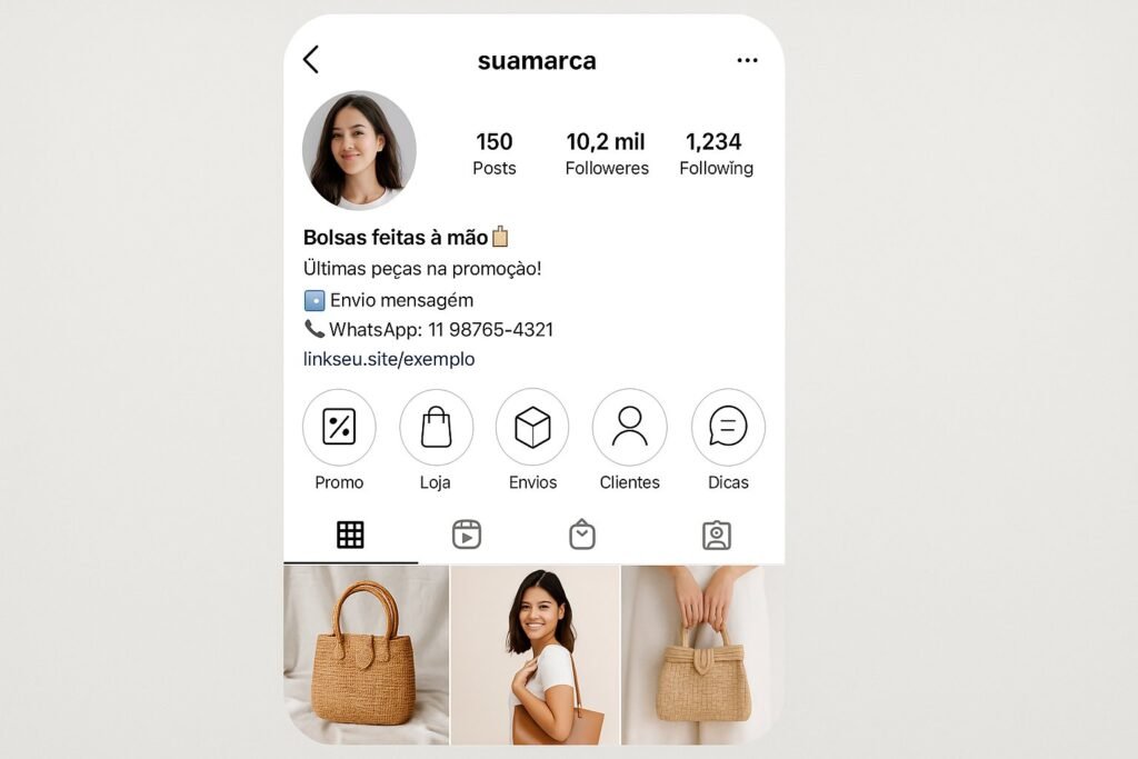Exemplo visual de perfil otimizado com técnicas de venda no Instagram, incluindo bio clara, destaques organizados e imagem profissional.