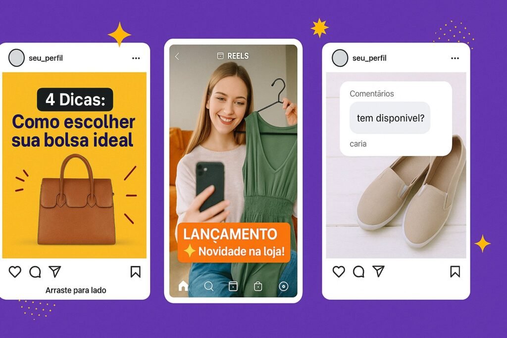 Exemplo visual de técnicas de venda no Instagram com carrossel de dicas, Reels com chamada e comentário de interesse do cliente.